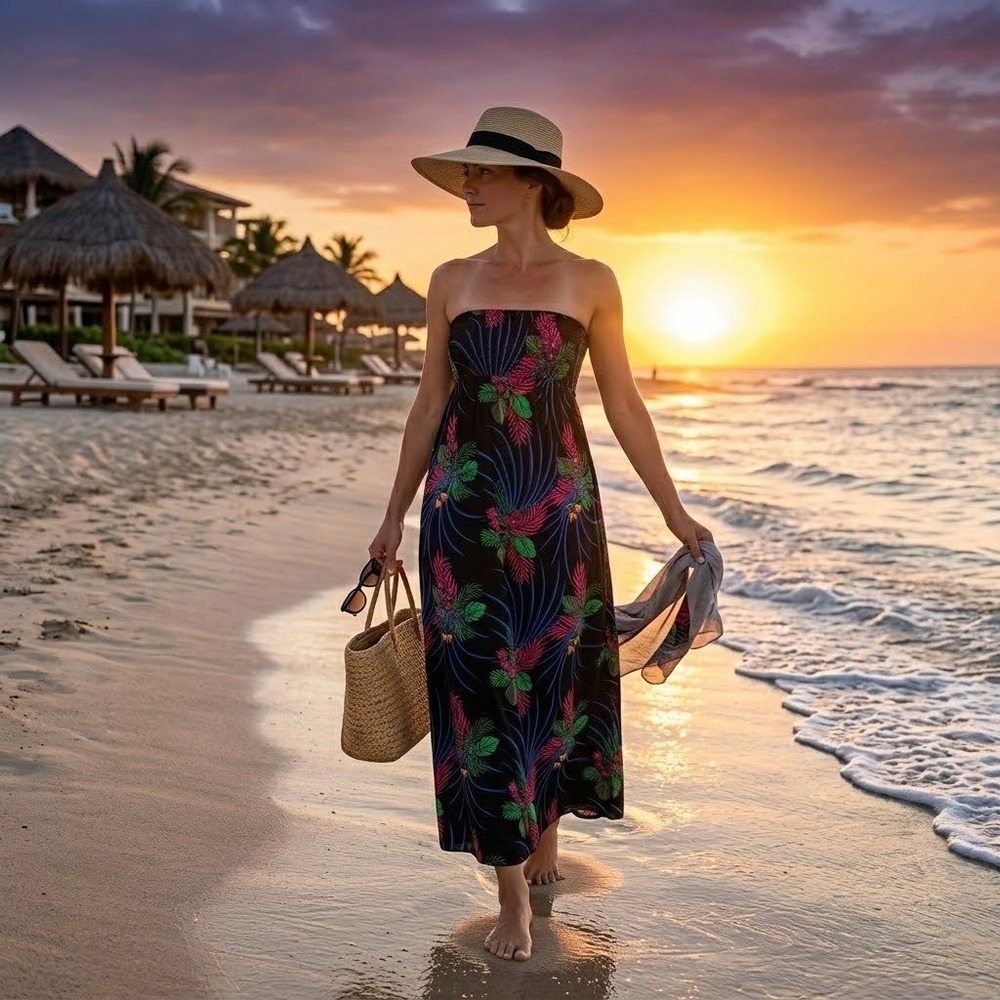 George Strapless Maxi Dress Womens‎ Small Tropical Floral Smocked Summer Beach